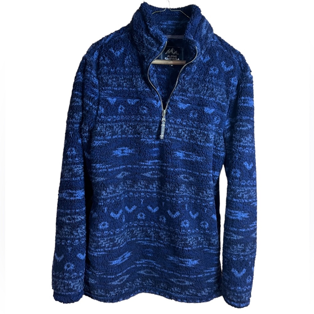 Alpine Sherpa Mens Blue Tribal Geometric Quarter Zip Fleece Pullover Jacket